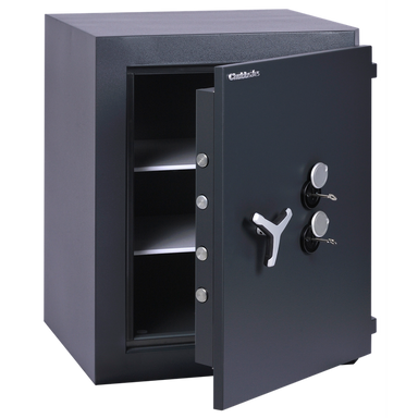 Chubbsafes Trident Grade 4 210 Key Locking Safe with door slightly open and 2 shelves