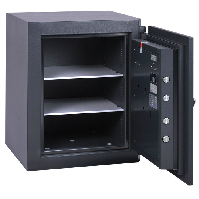 Chubbsafes Trident Grade 5 210 Key Locking Safe with door open and 2 shelves