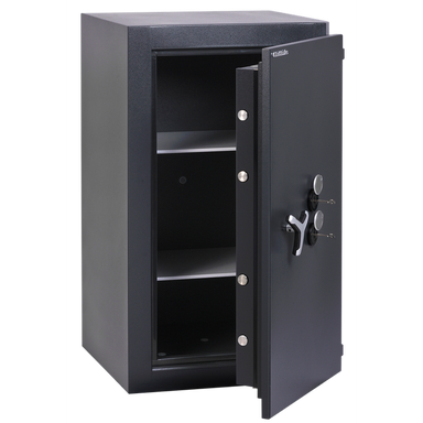 Chubbsafes Trident Grade 6 310 Key Locking Safe with door slightly open and 2 shelves