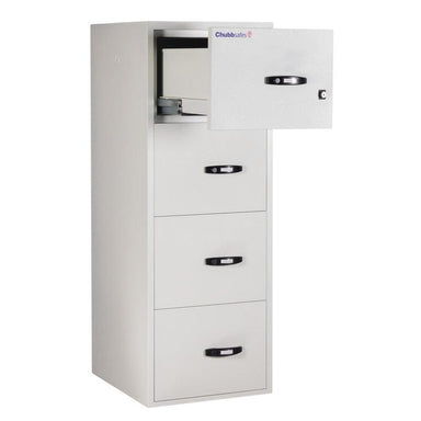 Chubbsafes Fire Proof Filing Cabinet with 4 drawers that has the top drawer open