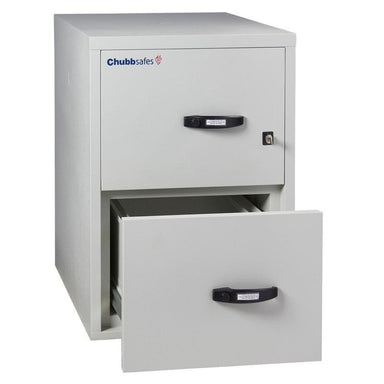Chubbsafes Fire Proof Filing Cabinet with 2 drawers that has the bottom drawer open slightly
