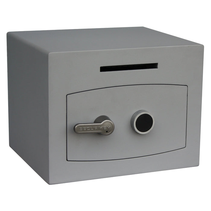 Securikey Mini Vault Deposit Silver 1 Key Locking Deposit Safe with door closed