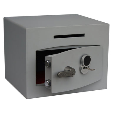 Securikey Mini Vault Deposit Silver 1 Key Locking Deposit Safe with door slightly open