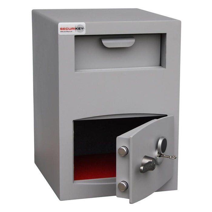 Securikey Mini Vault Deposit Silver 2 Key Locking Deposit Safe with safe door slightly open