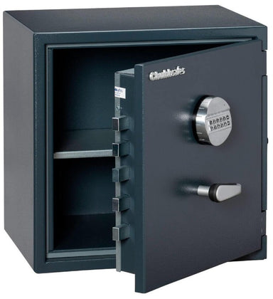 Chubbsafes Senator Grade 1 M2 45E Electronic Locking Safe with door slightly open and 1 shelf