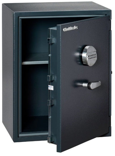 Chubbsafes Senator Grade 1 M3 65E Electronic Locking Safe with door slightly open and 1 shelf