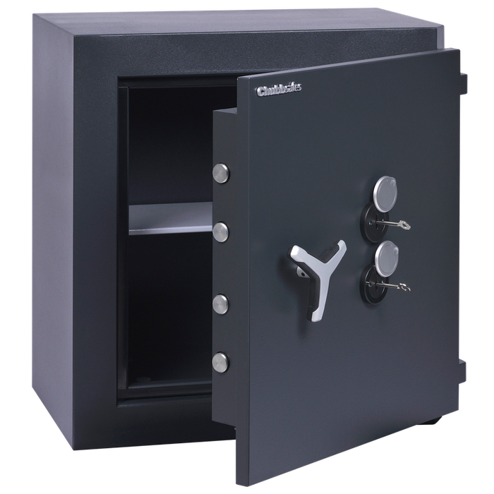 Chubbsafes Trident Grade 6 110 Key Locking Safe with door slightly open and 1 shelf