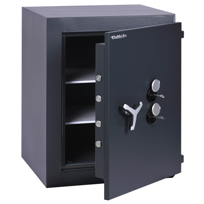 Chubbsafes Trident Grade 4 210 Key Locking Safe with door slightly open and 2 shelves