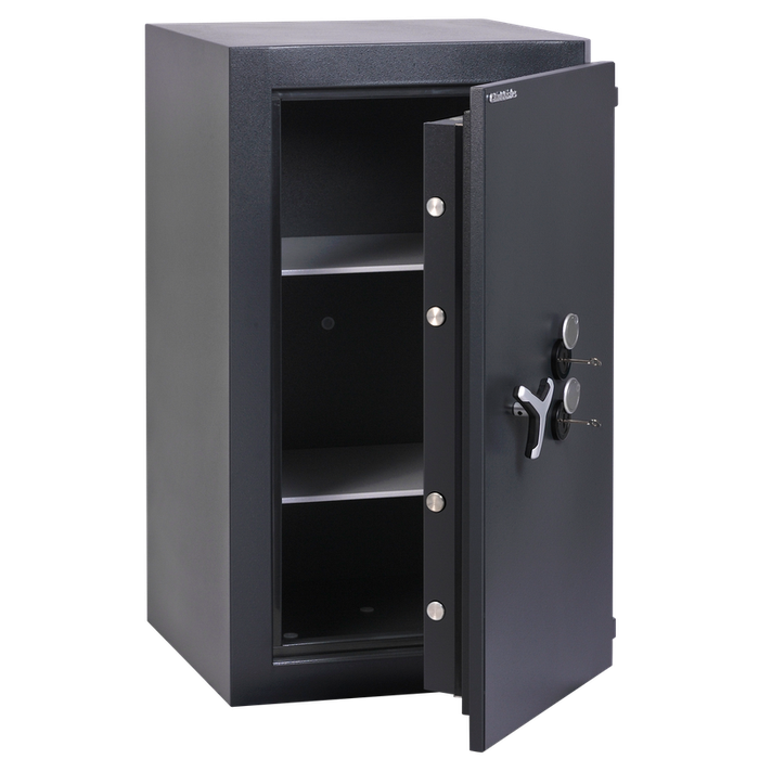 Chubbsafes Trident Grade 4 310 Key Locking Safe with door slightly open and 2 shelves