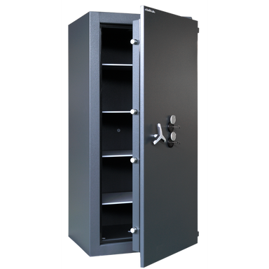 Chubbsafes Trident Grade 6 600 Key Locking Safe with door slightly open and 4 shelves