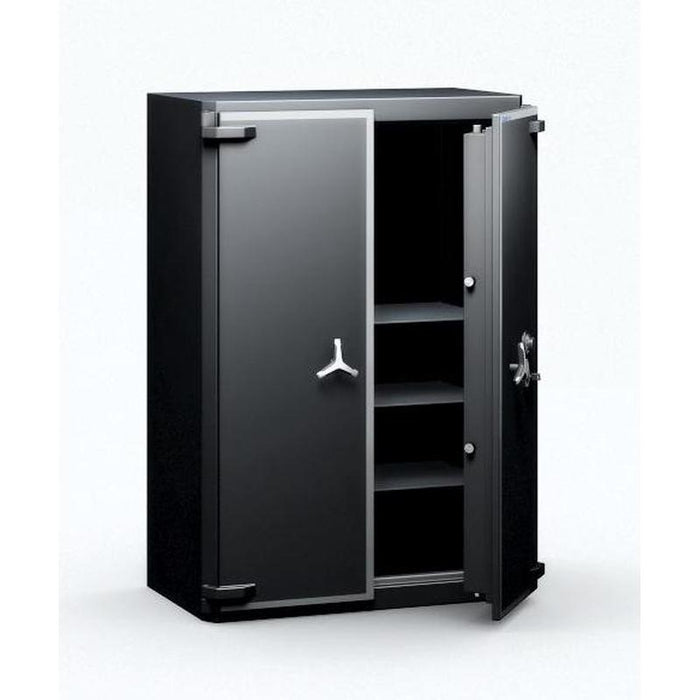 Chubbsafes Trident Grade 6 910 Key Locking Safe with one door slightly open and 4 shelves