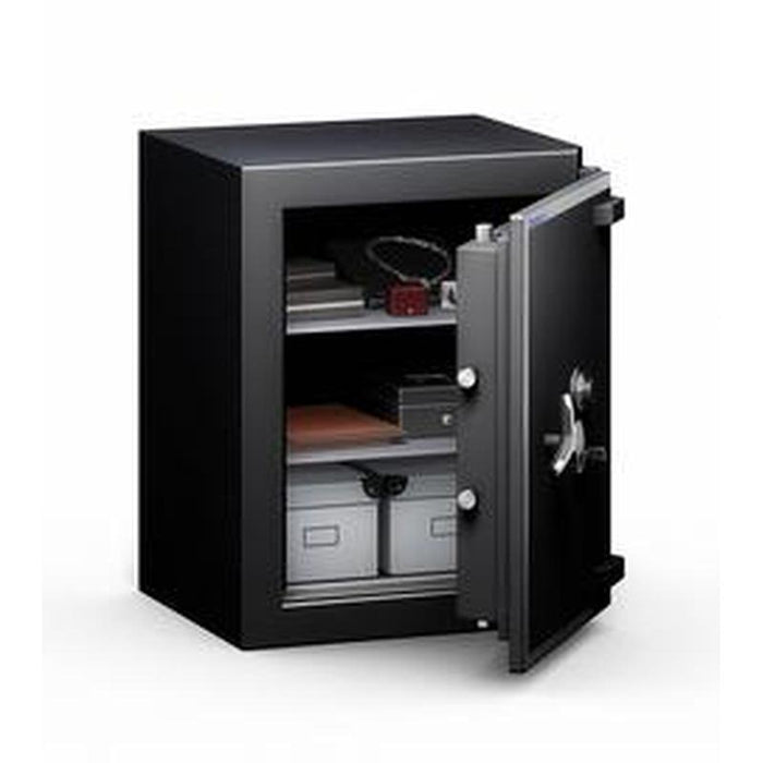 Chubbsafes Trident Grade 5 170 Key Locking Safe with door slightly open and 2 shelves