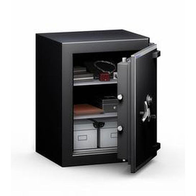 Chubbsafes Trident Grade 6 170 Key Locking Safe with door slightly open and 2 shelves